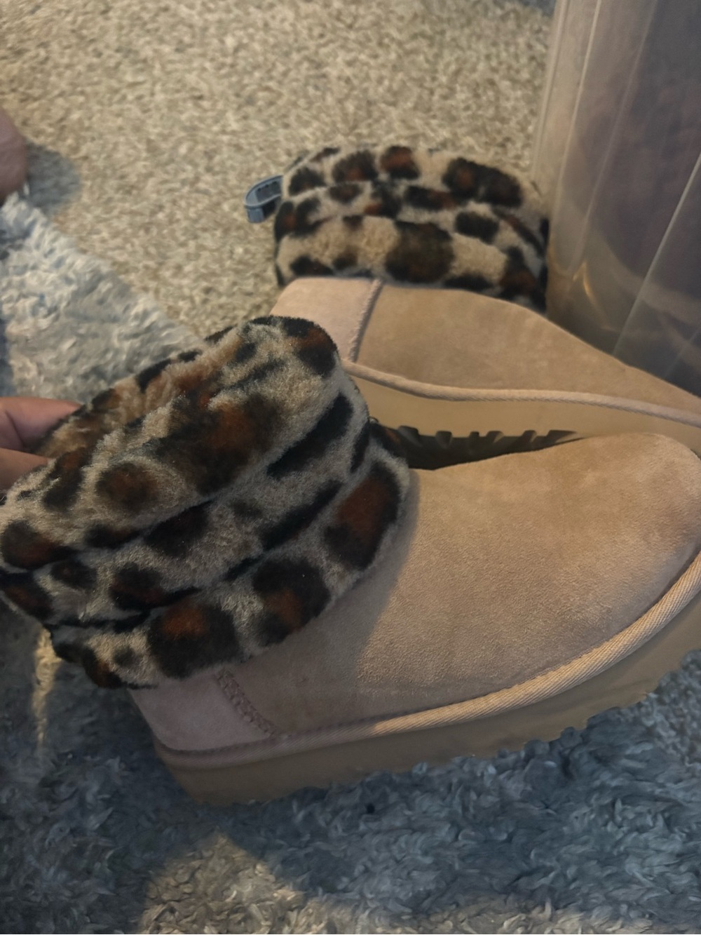 Women's Cozy Ankle Boots with Leopard Cuff - Beige